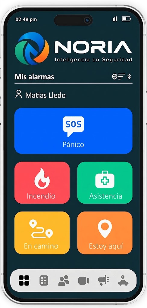 Pantalla principal de Noria APP con los botones Pánico, Incendio, Asistencia, En camino y Estoy aquí